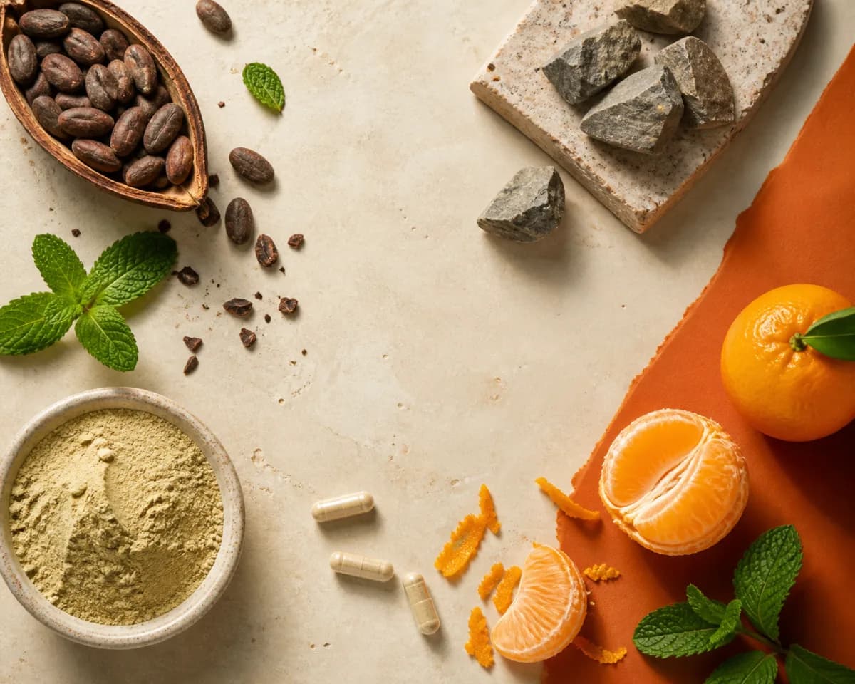 Cacao, citrus, mint, minerals and plant powder arranged as a wellness ingredient still life