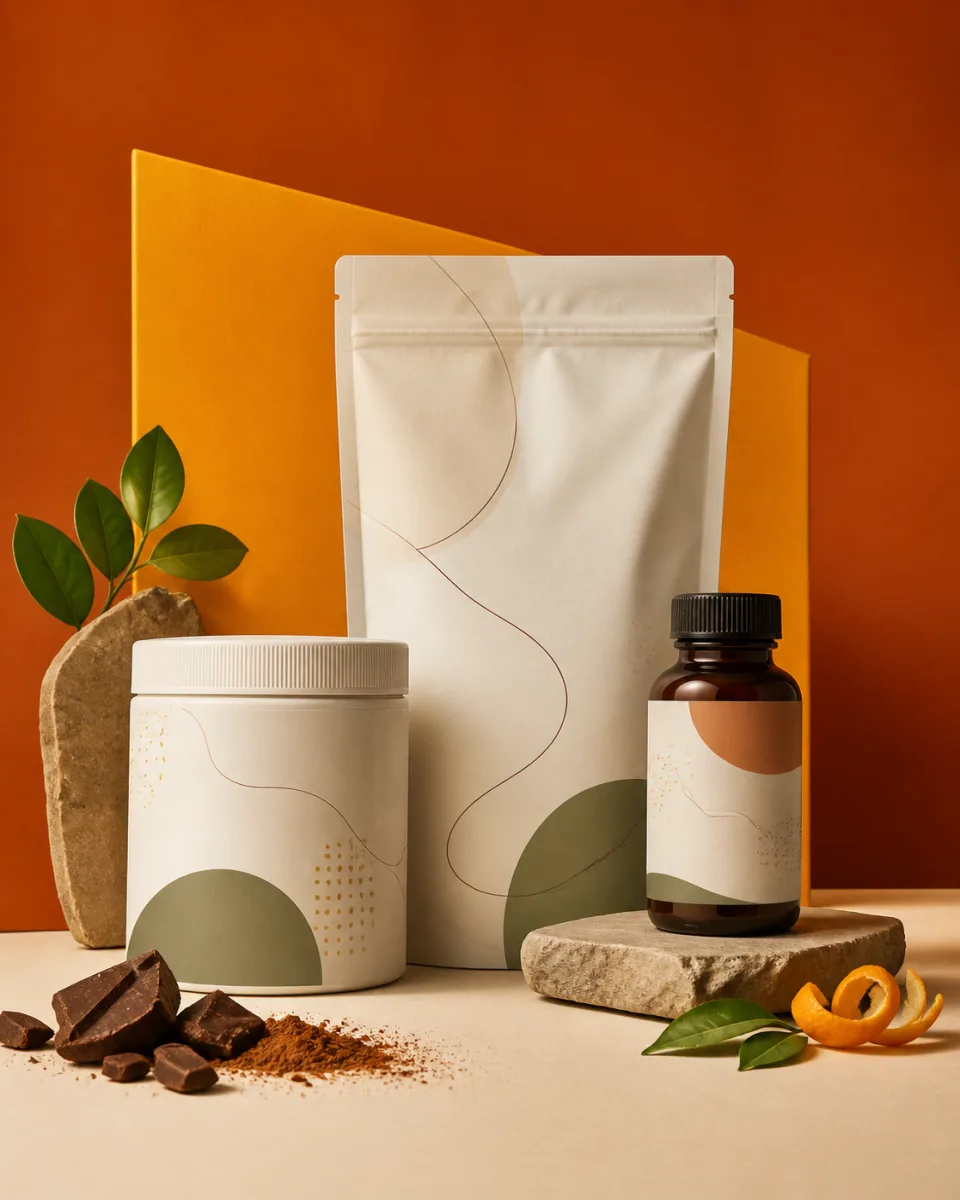 Unbranded sample wellness packages arranged in a warm orange studio setting